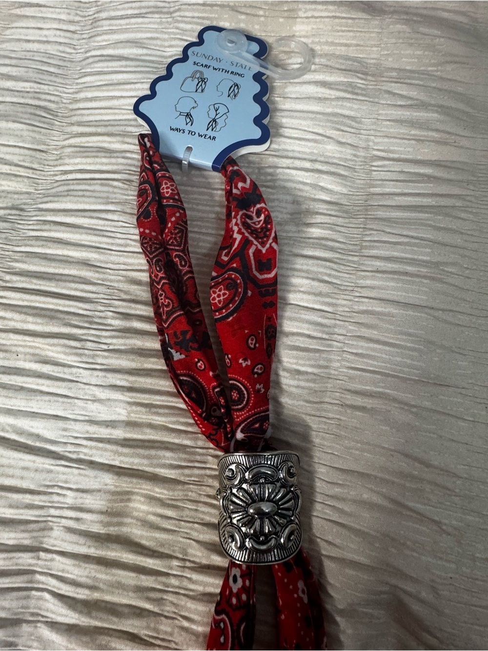Sunday State Red Bandana Scarf Ring Accessory - With Silver Accent